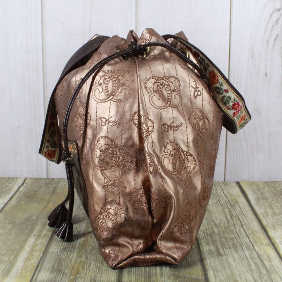 Original by Sharif Gold Vegan Leather Embroidered Drawstring Tote Shoulder Bag - Picture 7 of 13
